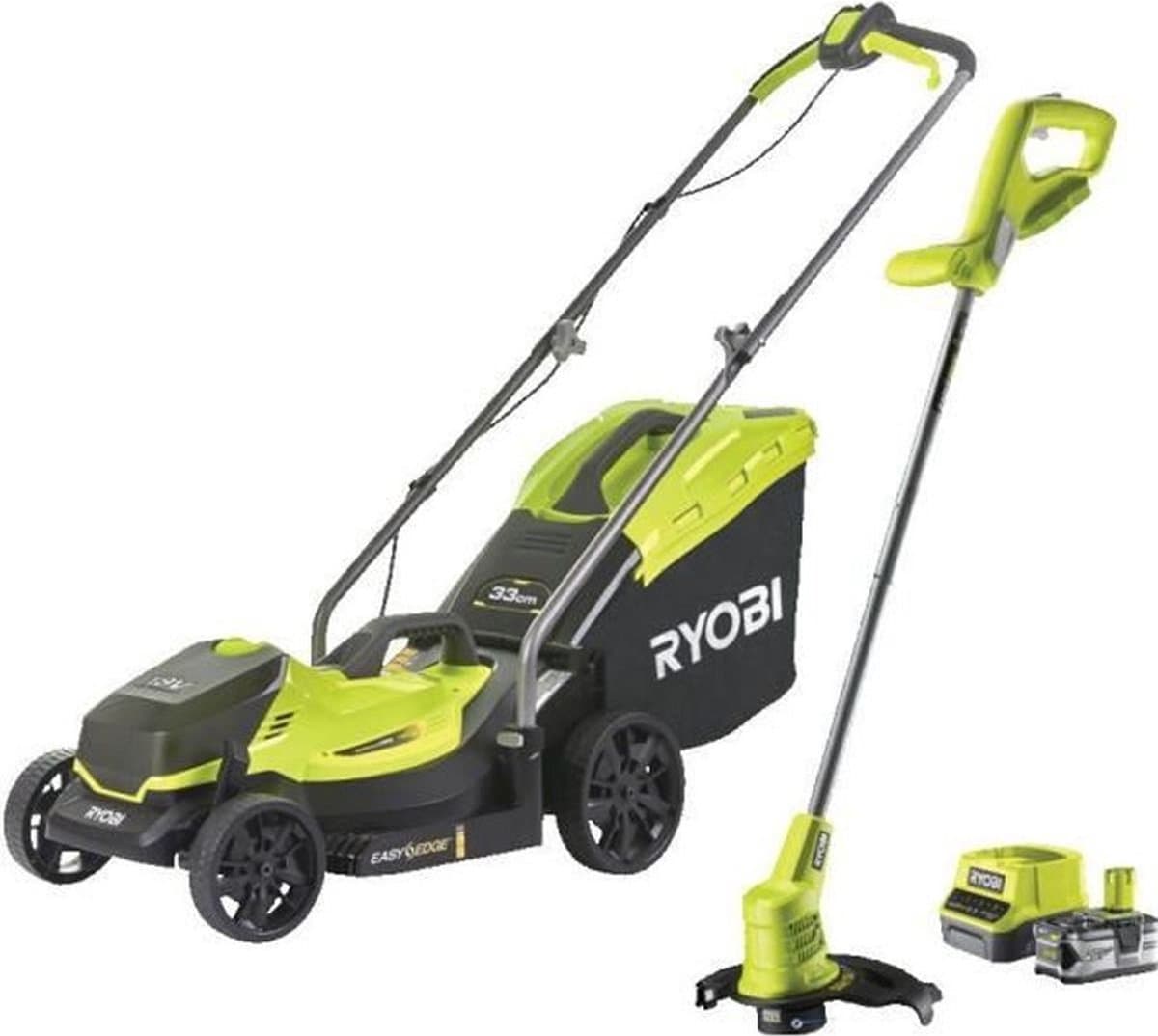 RYOBI ONE+ Pack 18V Cordless Grasmaaier + Trimmer RLM1833BLT1825M : Grasmaaier RLM18X33B40 en Trimmer OLT1825M (incl. 1x4.0Ah accu) — afbeelding 1