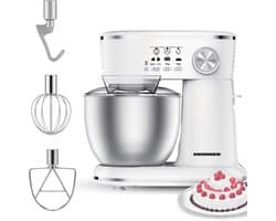 Heinner Keukenmachine Mixer – 5 L Kom – 1000 W – 12 Snelheden met Pulsfunctie – Keukenrobot inclusief RVS Garde, Menghaak en Deeghaak – Wit