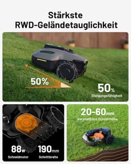 Draadloze Robotgrasmaaier NetRTK+Vision – App & 4G Module – Slimme AI Obstakeldetectie – 700 m² Bereik (Max. 1100 m²) – 50% Helling – Verstelbare Maaihoogte – 190 mm Maaibreedte — thumbnail 3