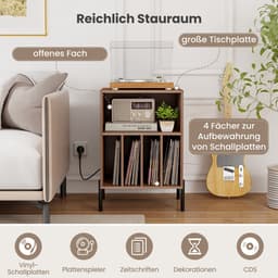 COSTWAY Draaitafel standaard met laadstation, vinylplaten, draaitafel met plank en 4 scheidingswanden en metalen poten, platenstandaard bijzettafel, woonkamer kantoor, 53 x 45 x 78,5 cm (bruin) — thumbnail 4