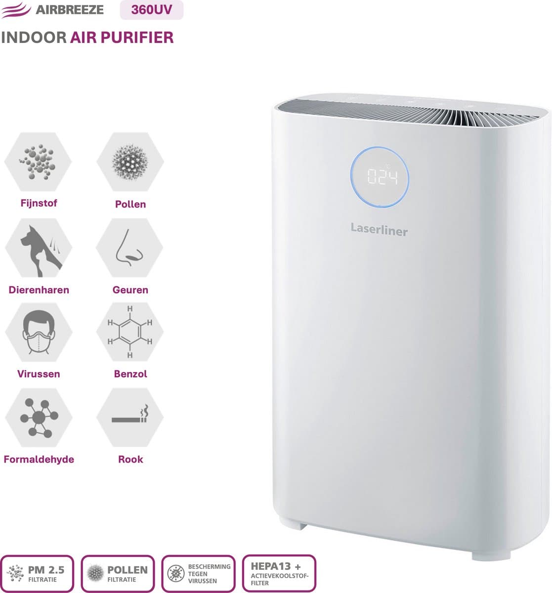 Laserliner AirBreeze 360UV - UV Luchtreiniger 360m³/h - HEPA13 - Inactiveren virussen/ bacteriën - Fijnstof 99,997% - Bijzonder stil < 20 dB - Verduisterend display - Wit design — afbeelding 1