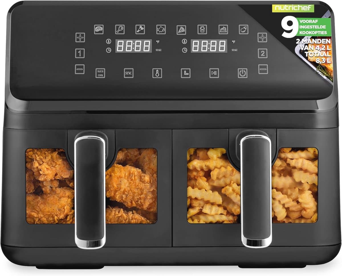 Dubbele Mand Airfryer - Heteluchtfriteuse Oven - Gezond Koken - Transparant Venster - 88 Liter - Zwart — afbeelding 1