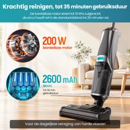 Grenintol Vloerreiniger – Nat en Droog Stofzuiger – 15kPa – 180° Platliggend – Stofzuiger met dweilfunctie – Zelfreiniging met Geëlektrolyseerd Water – Automatische Droging – Dubbelzijdige Randreiniging – 35 Min Accuduur – Zilver — thumbnail 3