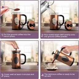 BonVIVO GAZETARO Franse pers koffiemaker - roestvrijstalen cafetière - met glazen kan - koffie zuiger - met filter - handmatige koffiezetter - koperen afwerking - groot - 1L/8 kopjes — thumbnail 4
