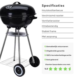 Cheqo® Houtskool Barbecue - Kogelgrill Houtskoolbarbecue - BBQ - Barbecue met Wielen - Zwart Metaal - Op Wielen - Inclusief EBOOK — thumbnail 3