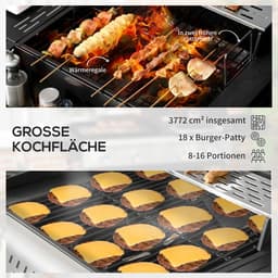 Gasbarbecue - Gasbarbecue en grill - Met slang, thermometer en warmhoudplaten - 5 Branders - Zwart + zilver — thumbnail 4