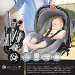 KESSER® Kinderwagen 3 in 1 Loops Wandelwagen Set incl. Autostoel & Reiswieg & Buggy Sportzitje - Massieve Rubberbanden - Luiertas / Regenhoes - Grijs / Zilver — thumbnail 2