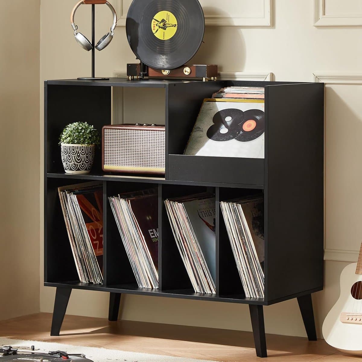Platenstandaard - Platenspeler Meubel - Vinyl Platenrek voor 300 LP's - Vinyl Opslag met Presentatievlak - LP Houder - Albumhouder - Industrieel Design - Muziekkamer & Woonkamer - Grote Capaciteit - Vinyl Rek - Vintage Bruin & Zwart — afbeelding 1