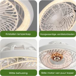 Rosnek Binnenroterende Plafondventilator met Lamp - Ø49 cm - Crystal LED Plafondlamp Dimbaar - App & Afstandsbediening - 6 Snelheden - 360° Luchtcirculatie - Wit — thumbnail 3