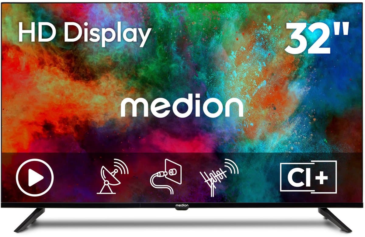 MEDION 80 cm (32 Zoll) HD Fernseher (Triple Tuner Receiver DVB-T2 DVB-C DVB-S2, 2 x HDMI, USB, Mediaplayer, VESA, CI+, MD 832002) — afbeelding 1