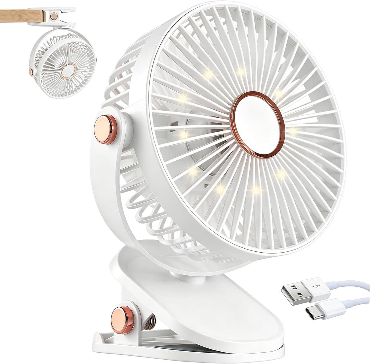 Ulisem - Klemventilator - 4000mAh oplaadbaar - 5 snelheden - 720° draaibaar - Stille motor - Met ledverlichting - Babyveilige afdekking - Geschikt voor camping en wandelen - Wit — afbeelding 1