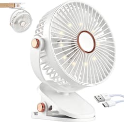 Ulisem - Klemventilator - 4000mAh oplaadbaar - 5 snelheden - 720° draaibaar - Stille motor - Met ledverlichting - Babyveilige afdekking - Geschikt voor camping en wandelen - Wit — thumbnail 1