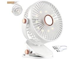 Ulisem - Klemventilator - 4000mAh oplaadbaar - 5 snelheden - 720° draaibaar - Stille motor - Met ledverlichting - Babyveilige afdekking - Geschikt voor camping en wandelen - Wit