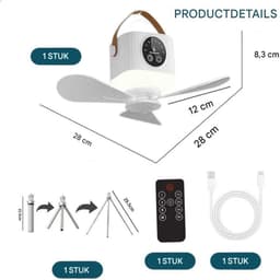 GELLDG Plafondventilator met Verlichting - Oplaadbare Ventilator met USB & 7200mAh Accu - 4 Windsnelheden, 3 Lichtstanden, Timer 2/4/8/12H - Geschikt voor Binnen en Buiten Gebruik - Incl. Afstandsbediening, Draagriem, Statief en Kabel — thumbnail 3