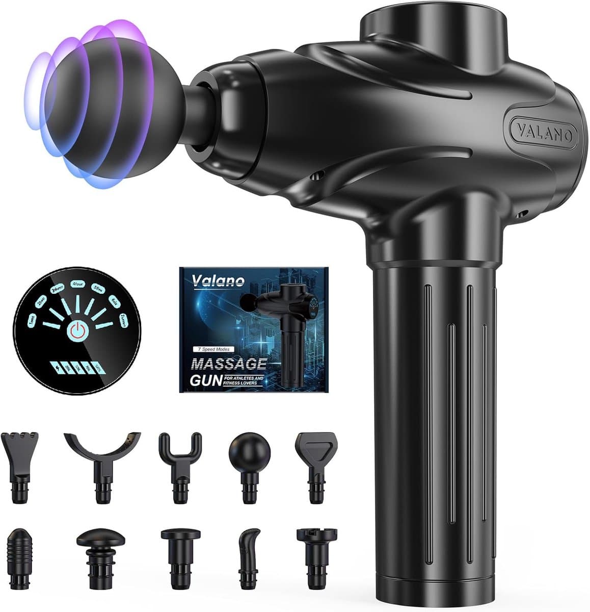 Massage Gun - Spier Massager - Spierherstel Bevorderen - 10 Verschillende Opzetstukken - 7 Snelheden - Zwart — afbeelding 1