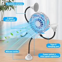Ulisem - Tafelfan - 3 snelheden - Oplaadbaar batterij - Flexibele poten - Silicone zuignappen - Krachtige wind - Voor slaapkamer en kantoor - Draagbaar en kinderbeveiliging - USB — thumbnail 2