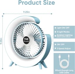 5-inch persoonlijke bureauventilator met LED-verlichting, draagbare tafelventilator met 3 snelheden en 180° kantelbaar, USB-oplaadbare ventilator op accu, stille koelventilator voor slaapkamer, kantoor, buiten en camping – Klein, blauw — thumbnail 5
