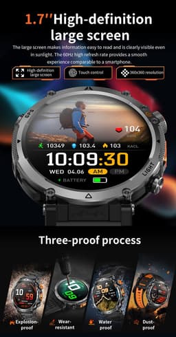 Knobbout GPS Smartwatch 1.7" (4,3 cm) Scherm met LED Zaklamp – 850mAh Batterij | IP68 Waterdicht | Kompas, Hoogtemeter & Barometer | Outdoor Sport Horloge met Bluetooth Bellen - Zwart — thumbnail 4