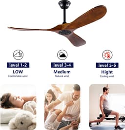 Merdoo Plafondventilator zonder Lamp - 52 inch - 3 Houten Bladen - Afstandsbediening - Zwart/Walnoot — thumbnail 3