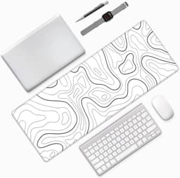 Lange gaming muismat - Groot waterdicht gaming muismat - Versterkte omzoomde randen - Antislip bureaumat voor thuis en kantoor - Verbetert uw bureau-ervaring - 31,5 x 11,8 inch - Wit topografisch — thumbnail 5