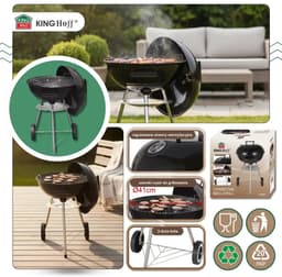 KINGHoff - Houtskool BBQ Grill - Kogelbarbecue met Deksel en Wielen - Tuin BBQ Grill Verrijdbaar - Barbecue met Temperatuurregeling - Buiten Grill - Camping & Terras BBQ - Metaal - Ø43 x 47.5 x 74 cm - Zwart — thumbnail 5