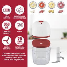 Mini Hakmachine - Keuken Hulpje - Snel Ingrediënten Snijden - Draadloos Oplaadbaar - 350 ml - Rood Wit — thumbnail 2