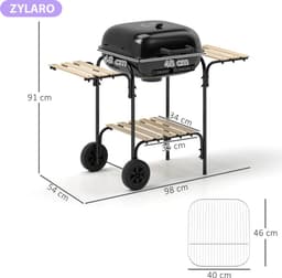 Premie Stalen Houtskool Barbecue - Smoker Barbecue - Houtskoolgrill - Grillwagen met Afsluitbaar Deksel, Wielen, Handvat, Houten Plank - BBQ voor Kamperen, Buiten, Tuin - 98 x 54 x 91 cm - Zwart — thumbnail 1