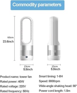 Bladloze Torenventilator - Stille Ventilator - Verkoeling in Huis - Afstandsbediening & Timer - 18 inch - Wit/Zilver — thumbnail 2