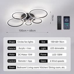 5 Ringen Plafondventilator - Zwart - 6 Snelheden - Dimbaar Met Afstandsbediening en APP - Moderne Cirkel Ventilator Licht — thumbnail 5