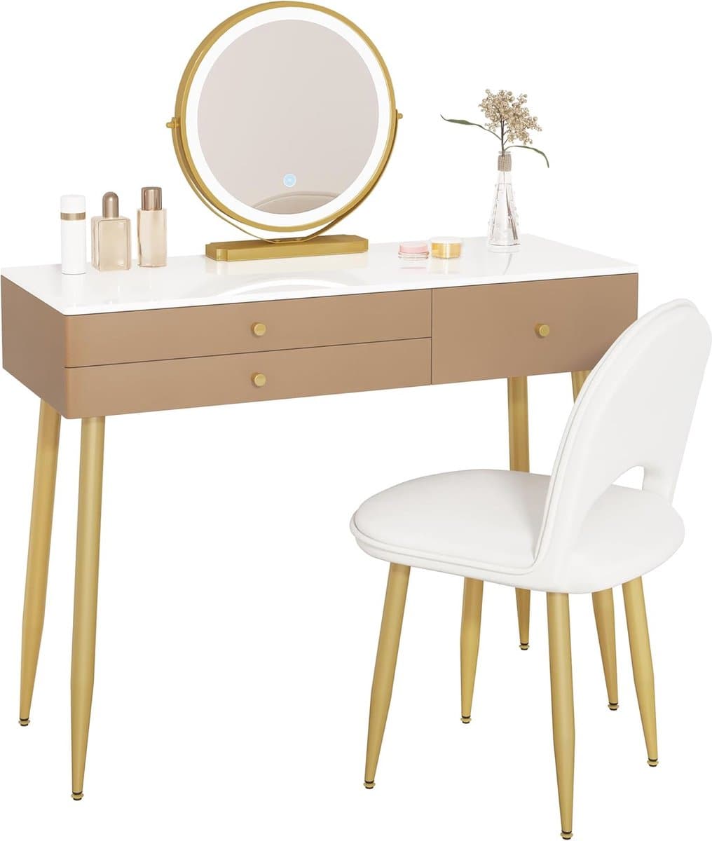 Kaptafel met Verlichting en Verstelbare LED-Spiegel - Elegante Make-uptafel met 3 Lades en Fluwelen Kruk - Kaki + Goud — afbeelding 1