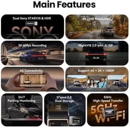 3-kanaals Dashcam – Auto Camera – Videorecorder – Beeldrecorder – 4K Recorder – Sony STARVIS Sensor – 5GHz WiFi & ADAS Veiligheidswaarschuwingen — thumbnail 2