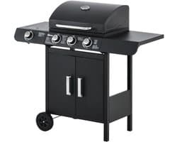 Gasbarbecue - Gasbarbecue en grill - 3 Branders + 1 Zijbrander - Met Thermometer, Opbergplank en Warmhoudplaten - Zwart