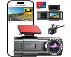LeeuwenChoice® Dashcam Voor In Auto - 4K WiFi Dashboard Camera - Met 64GB SD-Kaart - Met Nachtzicht & App Besturing