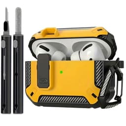 Geel robuust hoesje voor oordopjes met carbon look geschikt voor AirPods Pro 2 inclusief schoonmaakset en karabijnhaak – schokbestendig en duurzaam — thumbnail 1
