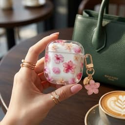 Transparant roze hoesje voor oordopjes dames met bloemen patroon en decoratieve hanger geschikt voor AirPods 4 met ronde vorm en goudkleurige clip — thumbnail 4