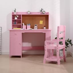 Kinderbureau en Stoel met Opbergruimte - Houten Kindertafel met Etagère, Prikbord & Lade - Verstelbare Kinderstoel - Studiehoek Kinderkamer - 97x46x101cm - Roze — thumbnail 3