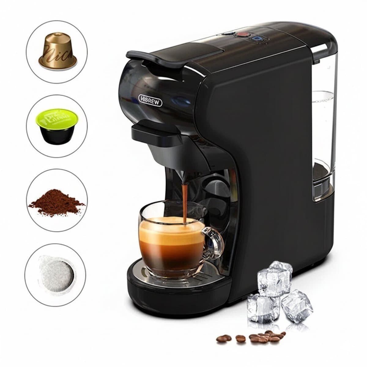 HiBREW H1A 4-in-1 Koffiecupmachine – Voor Nespresso, Dolce Gusto, ESE & gemalen koffie – Compact & Energiezuinig – Zwart — afbeelding 1