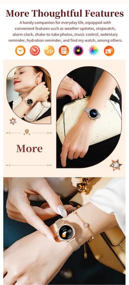 Knobbout Luxe Dames Smartwatch 1.27” Scherm met Kristallen – Bluetooth Bellen – HD Touchscreen – Hartslag, Bloeddruk & SpO₂ Monitoring – Vrouwelijke Gezondheidsfuncties – AI spraakassistent– IP68 Waterdicht – Tweekleurige stalen band — thumbnail 5
