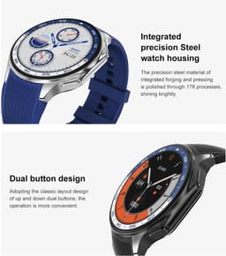 Knobbout 1.43 " Scherm AMOLED-scherm met 3D-ontwerp Smartwatch - Slimme opnamefunctie- 4 GB interne opslag - MP4-video-ondersteuning - Ingebouwde kompasfunctie - Zwart staal+ zwart lederen + blauwe siliconen horlogeban — thumbnail 3