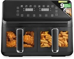Dubbele Mand Luchtfriteuse 8.8 QT | Gezinsformaat Olievrije Friteuse met 360° Heet Lucht Technologie | 9 Voorgeprogrammeerde Kookopties