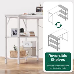 L-vormig computerbureau - Wit computerbureau - Houten bureau met open planken - 120 cm - Hoekbureau met planken Studiebureau Houten hoekbureau, geschikt voor studeerkamer, slaapkamer of thuiskantoor — thumbnail 2