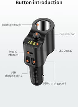 Autolader verlengsnoer sigarettenaansteker adapter stekkerdoos splitter 2 USB 1PD poorten spanningsmeter 12V/24V auto-aansluiting, voertuig USB-verdeler — thumbnail 3