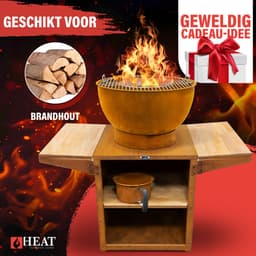 HEAT Outdoor Living Barbecue Buitenkeuken – Roestkleur – Vuurschaal Ø56 cm – Grillrooster & Plancha – Opbergvakken en Zijplankjes — thumbnail 4