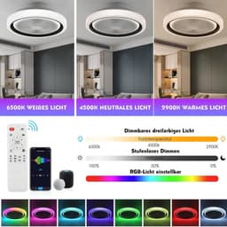 LuxiLamps - RGB Ventilator Lamp - Plafondventilator Met Speaker - Dimbaar - 6 Standen Ventilator - Wit - Keuken Lamp - Woonkamerlamp - Moderne lamp — thumbnail 2