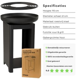 Cheqo® Vuurkorf met BBQ - Barbecue Roestvrij Staal - Grillring - Plancha Grill - Vuurschaal - Buitenkeuken met Houtopslag - 2-in-1 Grill en Terrashaard - Inclusief Teppanyaki Plaat — thumbnail 5