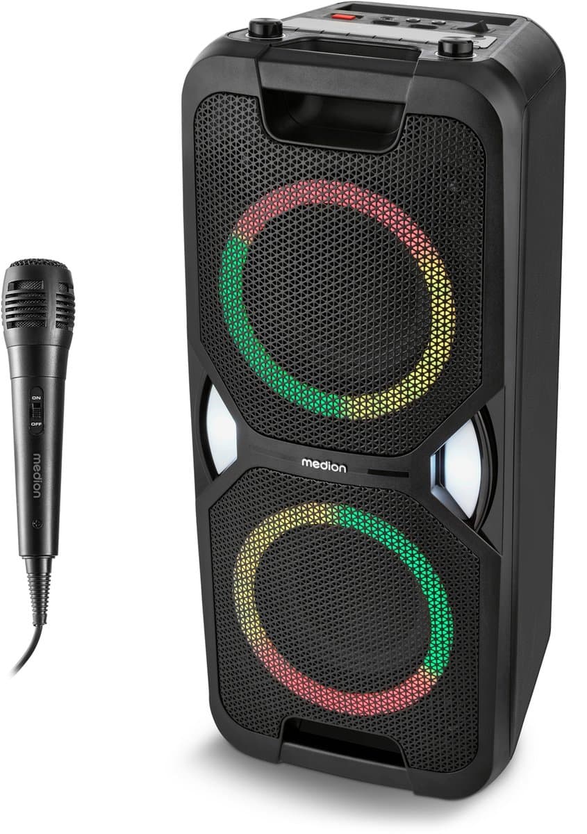MEDION PE-1 Pure Partybox (accu, met microfoon, grote draagbare Bluetooth-luidspreker, muziekbox met lichteffecten, partyluidspreker met karaoke, 2 microfoonaansluitingen, AUX, USB, radio), MD400000 — afbeelding 1
