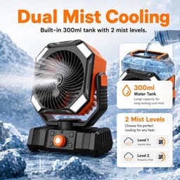 Draagbare campingventilator met een waterreservoir van 300 ml, oplaadbare batterij, ledverlichting, haak, timer en afstandsbediening. Geschikt voor gebruik binnen, op de camping, buitenshuis en op kantoor. — thumbnail 4