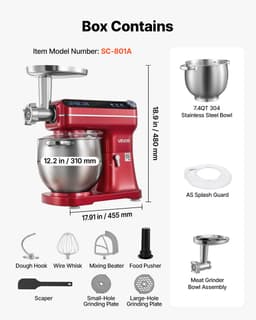 VEVOR Multifunctionele Keukenmachine met Kantelbare Kop 7 liter 2-in-1 1000 W Rood, Mixer voor Deeg, Room, Beslag en Vlees, Kneedmachine met Mengkom, Deeghaak, Klopper en Garde — thumbnail 3