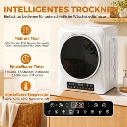 TEKROA® Wasdroger - Compacte wasdroger van 1000 W met afvoer - extra droog- en ECO-standen - timer en temperatuurinstellingen -wit — thumbnail 5
