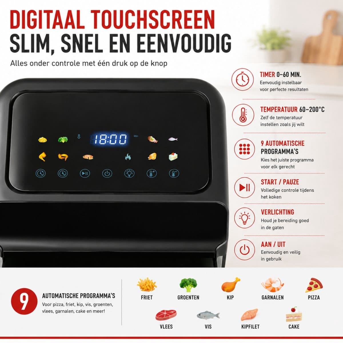 alpina Airfryer voor Pizza's tot 30 cm - Heteluchtfriteuse met 9 Programma's - Digitaal Display en Instelbare Temperatuur 80-230°C - 6 Liter - Zwart — afbeelding 1